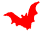 Red bat-shaped icon with winged silhouette in three distinct poses against white background, one pose partially obscured by gray rectangle.
