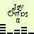 Pixelated text 'Jay Ows' with a small 'II' below, set against light yellow background; black horizontal bars shift position across frames.