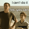 Four- shows beach scenes with text overlays: two men on a beach, a crashed spaceship, a man speaking to a boy, and two silhouettes at sunset