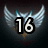 Pixelated icon with large white numerals '16' outlined in black, set against dark background with light blue wing-like shapes and small blue accents.