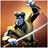 Pixelated figure in dark armor with raised arm holding a glowing blue object against warm orange background.