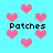 Pixelated pink hearts float on a cyan background with black text reading "Patches" in four locations.