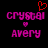 Pixelated text 'CRYSTAL AVERY' in magenta with a small pink heart below, and a red pixelated heart above the first frame.