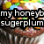 A pixelated image of a character with colorful hair and text overlays reading 'my honeyb sugerplum', 'oumy-umpy -Umkin ur my swee pie', 'snoogums', 'r my cupyooogums, you gumdrop the apple of my eye!'
