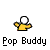 A 4x4 contact sheet of a pixelated animated icon showing sequential frames of a yellow stick figure character with white head performing an animation sequence against a gray background, labeled "Pop Buddy" under each frame.
