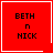 Red square icon with black text 'BETH n NICK' and white border; two variations show a white heart or white star at bottom-right corner.