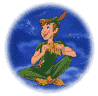 Two cartoon-style character icons in blue oval frames with white borders; left shows a crouching boy in green attire, right depicts a flying fairy with wings.