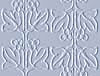 A static image of a repeating silver floral pattern on a light gray background, featuring stylized leaves and buds arranged in vertical columns.