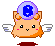 Pixelated cartoon character with orange fur, white wings, and a purple orb containing blue 'B' on its head; three distinct expressions across frames.
