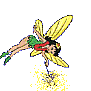 Animated fairy with yellow wings, green dress, red sash, and green shoes holding a sparkly wand against gray background.