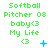 Green text reads "Softball Pitcher 08 baby<3 My Life" with a green heart symbol and blue plus sign on white background, showing animation changes in the bottom-right corner across observations.