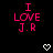 Pixelated pink text "I LOVE J.R" on black background with white heart and arrow symbols, some elements partially cropped.