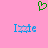 Green pixelated heart symbol above two blue 'Izze' text instances on pink background.