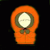 Animated sequence of a cartoon character in an orange hooded jacket with red splatters appearing on the face and body against black background.