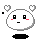 Pixelated white circular character with black square eyes and red blush marks, shown in multiple expressions against gray background.