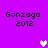 Purple background with four identical pixelated text blocks reading 'Gonzaga 2012' and three white heart icons in different positions.