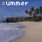 Animated beach scene with 'summer' text above, showing sequential changes in tree and wave positions