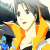 Pixelated anime-style character in orange jacket with black collar, dark hair, and blue background element, shown in multiple sequential poses with slight facial expression changes.