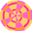Animated circular icon with pink and orange concentric rings, featuring a purple bow that moves across the frame while a green bow appears in later frames.