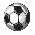 Four pixelated soccer balls arranged in a on a gray background, each with distinct black and white configurations