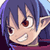 Pixelated anime-style character face with purple hair, brown eyes, and a wide grin showing teeth, set against a blue background.
