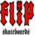 Four distinct static images arranged in a : red 'FLIP' text with 'skateboards' below, white 'ADIO' logo on black background, circular cross symbol with red and gray layers, and empty light gray space