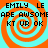 Four identical display orange and cyan spiral patterns with pixelated text reading "EMILY LE ARE AWSOME KT UR OK" in black block letters