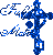 Blue and white pixelated icon with stylized text elements arranged vertically on gray background, showing two distinct states of partial visibility.