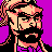 Pixelated portrait of a bearded man with long hair against purple background, rendered in 8-bit style with limited color palette and blocky dithering.