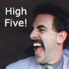 Static buddy icon featuring a person with dark hair in profile view, mouth open wide showing teeth and tongue, next to white text reading "High Five!" on a dark background.