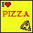 Yellow background with light green diagonal stripes, red pixelated text "PIZZA", a black-outlined red heart icon, and a pixelated pizza slice in the bottom right.