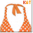 Animated contact sheet showing three frames of an orange polka-dot bikini top with a tied halter neck, each frame displaying slight vertical position changes against a white background with "KAT" text above.