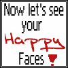 Four- shows anime characters with exaggerated expressions; top-left displays text "Now let's see your Happy Faces!" with red "Happy" and red exclamation mark