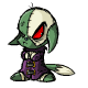 Green and white cartoon creature with red eyes in purple outfit, shown across six poses with tail and arm movements.