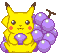Pixel art of yellow Pikachu with brown-tipped ears holding purple grapes, two expressions side-by-side on gray background.