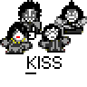 Pixel art contact sheet showing two animated frames of a cartoon character kissing, with red text branding and gray background.