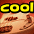 Yellow pixelated text 'COOL' on black outline above a beige background with brown pixelated shapes resembling bacon strips and a green dot.