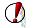 Red exclamation mark inside black circle with white background, showing animation frames with varying angles and shadows.