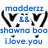 Pixelated blue text and black symbols on white background, with 'modderz' at top, stylized 'M' shapes flanking a central 'll', 'shawnaboo' below, and 'Ulove.you' at bottom.