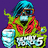 Pixelated character with blue hair and orange glasses holds a watermelon slice, standing against a purple background with a large blue-and-white sphere.