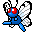 Pixel art of a blue insectoid character with red eyes and white wings in six sequential poses showing wing and leg movement.