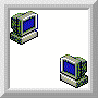 Pixelated computer monitors with blue screens and green borders, some displaying red crosses or yellow arrows, with 'E-MAIL' text on a gray envelope in some frames.