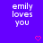 Purple background with repeated white text 'emily loves you' and pink heart symbols in a