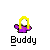 Pixelated icon of a figure with yellow hair and purple clothing, labeled 'Buddy' beneath it, displayed in multiple variations showing text changes around the label.