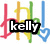 four identical pixelated icons with colorful stylized letters and hearts, each containing overlaid text reading 'kelly', 'says', 'blah', and 'blah'