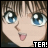 A 3x2 contact sheet of six animated frames showing a pixelated anime-style character's face with blue eyes and brown hair, each frame displaying slight variations in mouth position and eye expression while the text "TEA!" appears below.