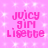 Pink pixelated text "juicy girl Lisette" on a pink background with white sparkles, displayed in four identical quadrants.