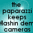 A static image with a teal background displays the text "the paparazzi keeps flashin der cameras" in black pixelated font across four