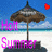 Pixelated beach scene with two umbrellas, text "Hot Summer" in bright colors, and heart symbols on blue and beige backgrounds.