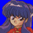 Pixelated anime-style character with long dark purple hair and red clothing against a solid blue background, next to black background with white text.